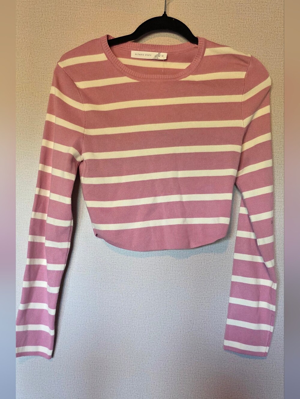 Altar'd State Pink & White Striped Long-Sleeve Cropped Tee